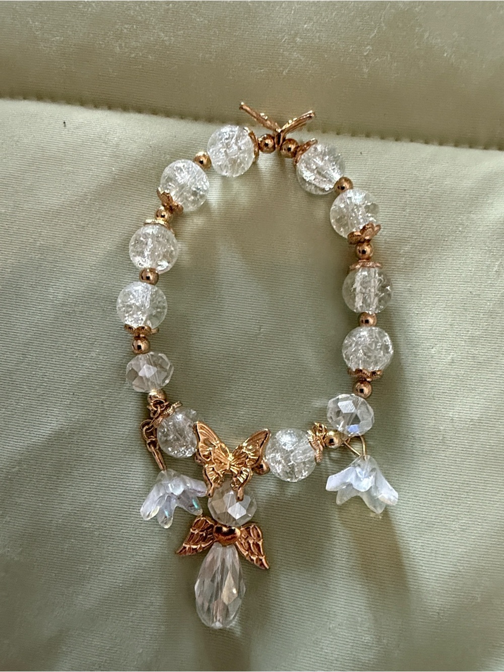 Gold Tone Butterfly & Angel Wing Charm Bracelet with Crystal Beads